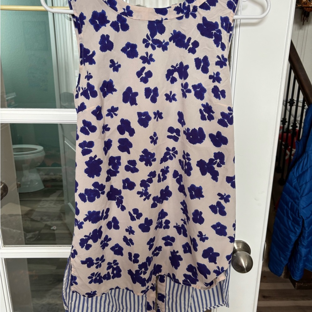Floral Blue Poppies and Cream Circle Neck Top